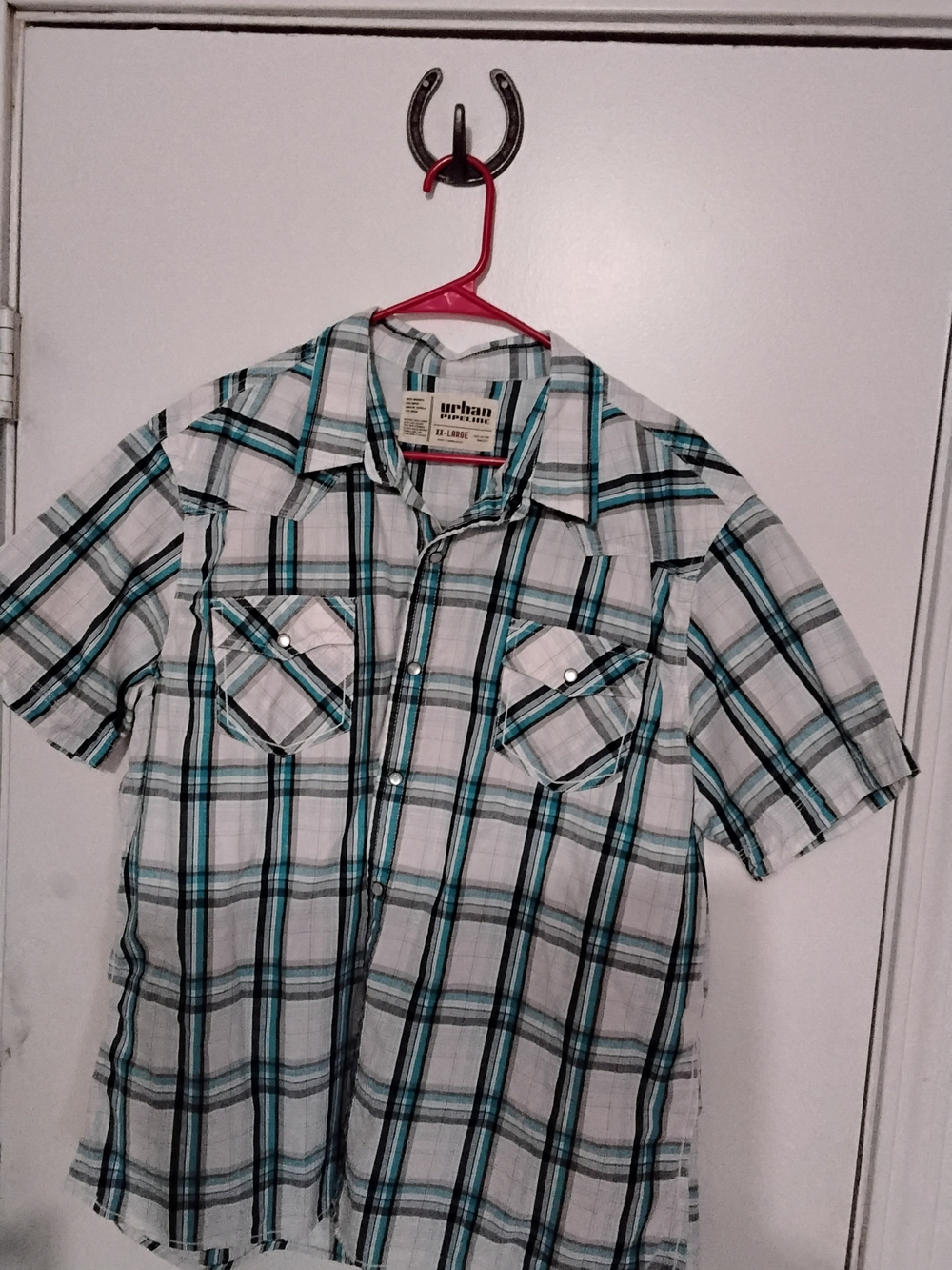 urban pipeline White, Teal & Black Plaid Short Sleeve Button-Up Shirt